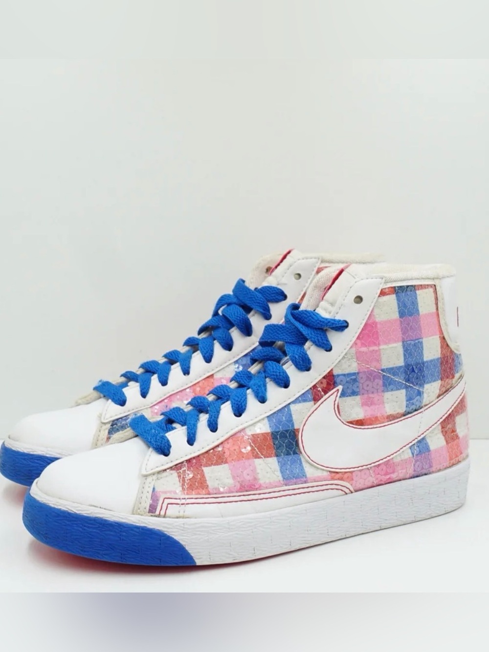 Nike High-Top Sneakers in White, Blue & Pink Plaid blazer sequins